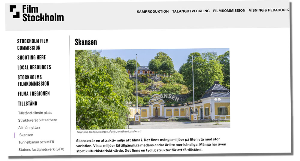 Syntolkning: Skärmbild från tillståndssidan om Skansen på Filmstockholm.se.