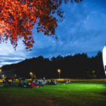 Filmvisning utomhus med en mörkhimmel i bakgrunden och upplysta träd i förgrunden.