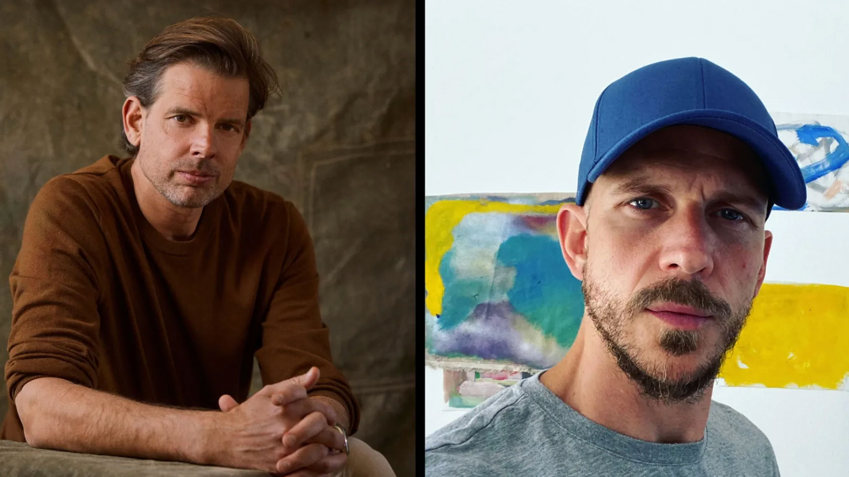 Bildmontage med närbilder på Alex Schulman och Gustav Skarsgård.