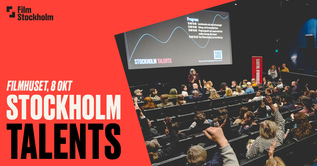 Grafiskt element med texten "Filmhuset, 8 okt, Stockholms Talents" i kombination med foto från en fullsatt biosalong.