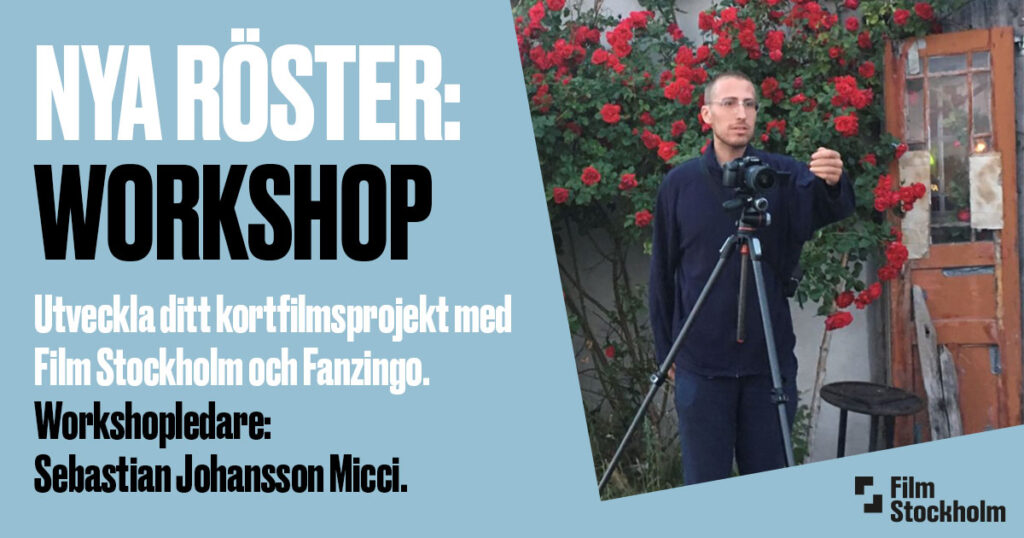 Text i bild: Nya röster - Workshop. Utveckla ditt kortfilmsprojekt med Film Stockholm och Fanzingo. Workshopledare: Sebastian Johansson Micci. Foto: Tuva Björk.