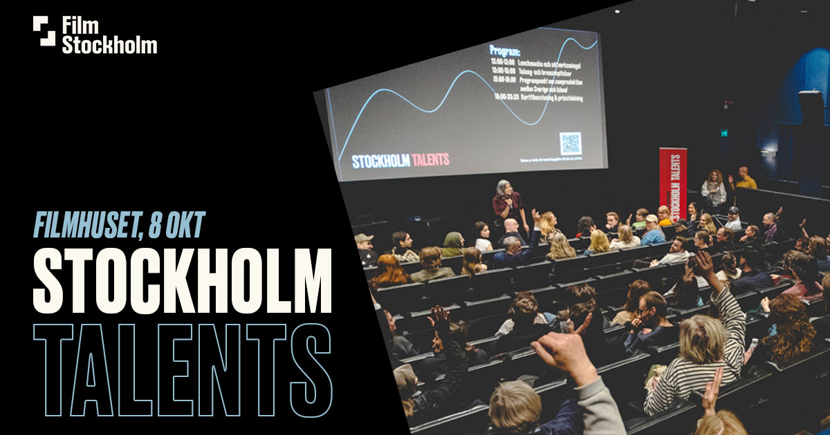 Foto inifrån en biosalong med texten "Stockholm Talents" på duken.